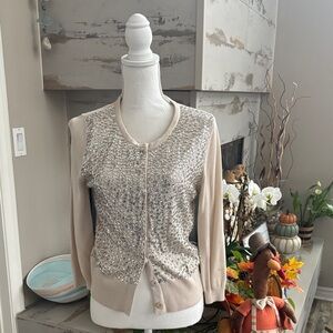 White House Black Market Beige Cardigan with Silver Accents